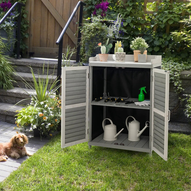 Garden Potting Bench Table with 2 Storage Shelves and Metal Plated Tabletop-Gray by DirectDeals