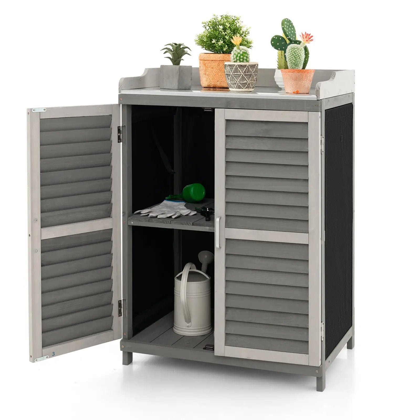 Garden Potting Bench Table with 2 Storage Shelves and Metal Plated Tabletop-Gray by DirectDeals