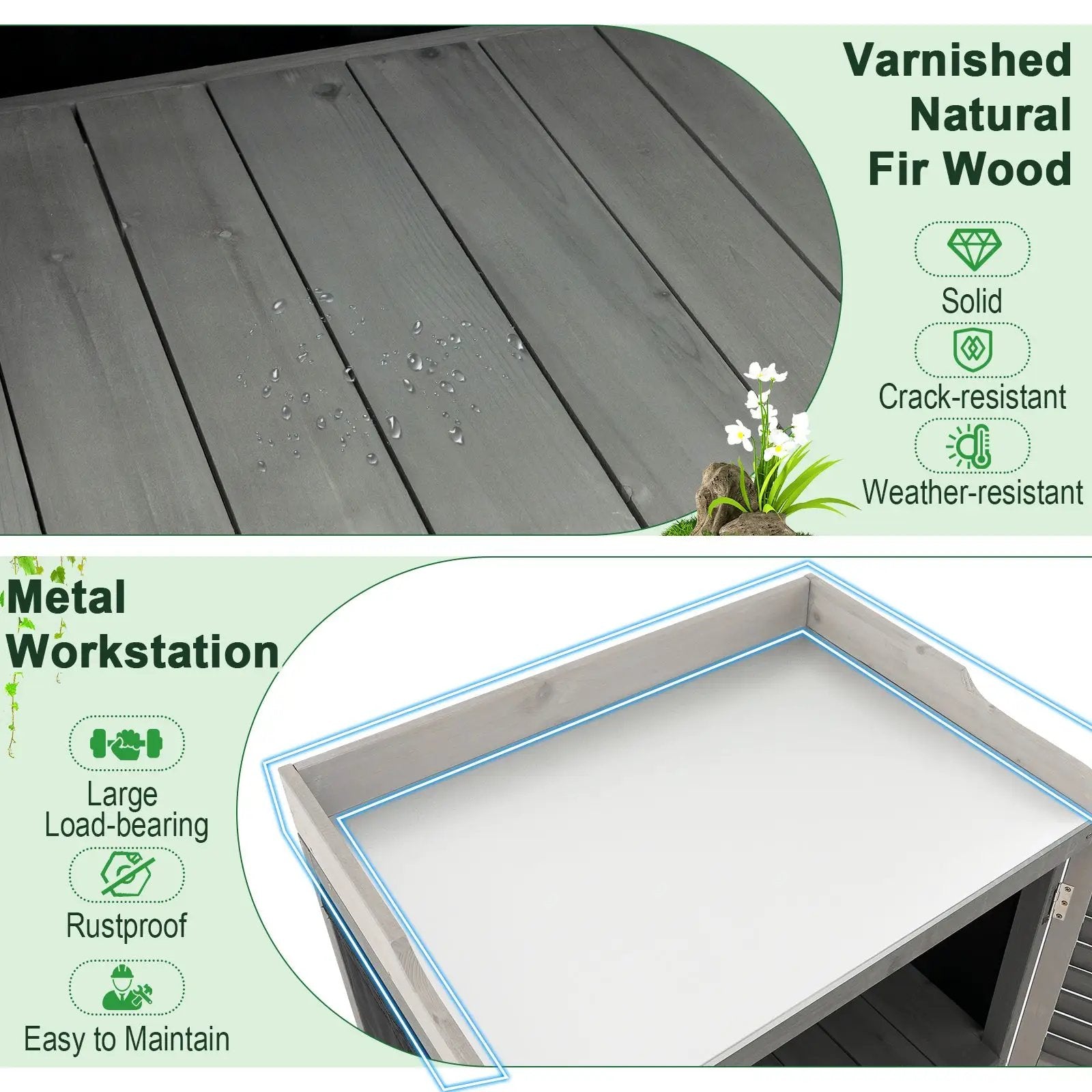Garden Potting Bench Table with 2 Storage Shelves and Metal Plated Tabletop-Gray by DirectDeals