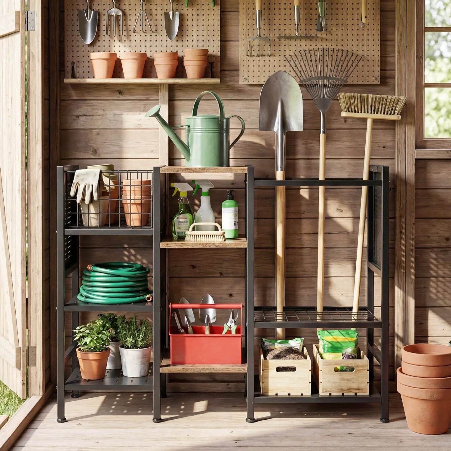 Garden Tool Organizer with Wooden Shelves for Garage and Shed by DirectDeals