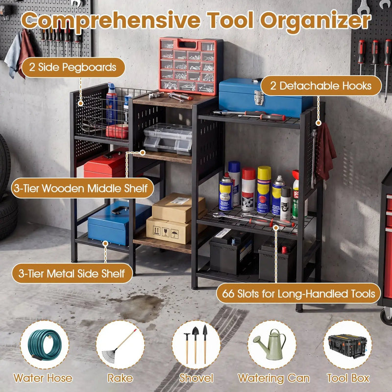 Garden Tool Organizer with Wooden Shelves for Garage and Shed by DirectDeals