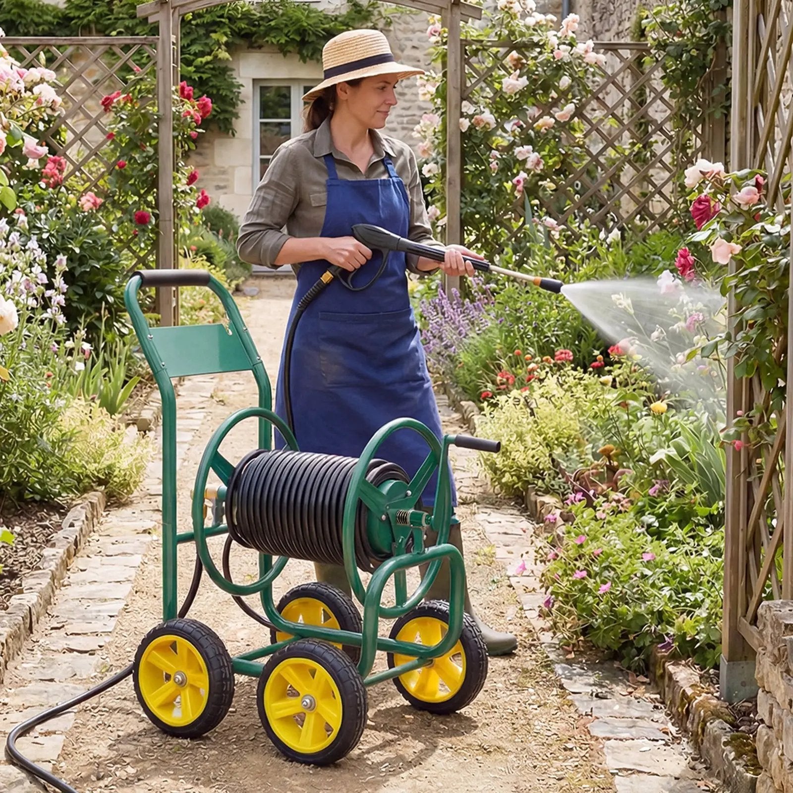 Garden Hose Reel Cart 4 Wheels Heavy-Duty Metal Water Hose Organizer Portable by DirectDeals