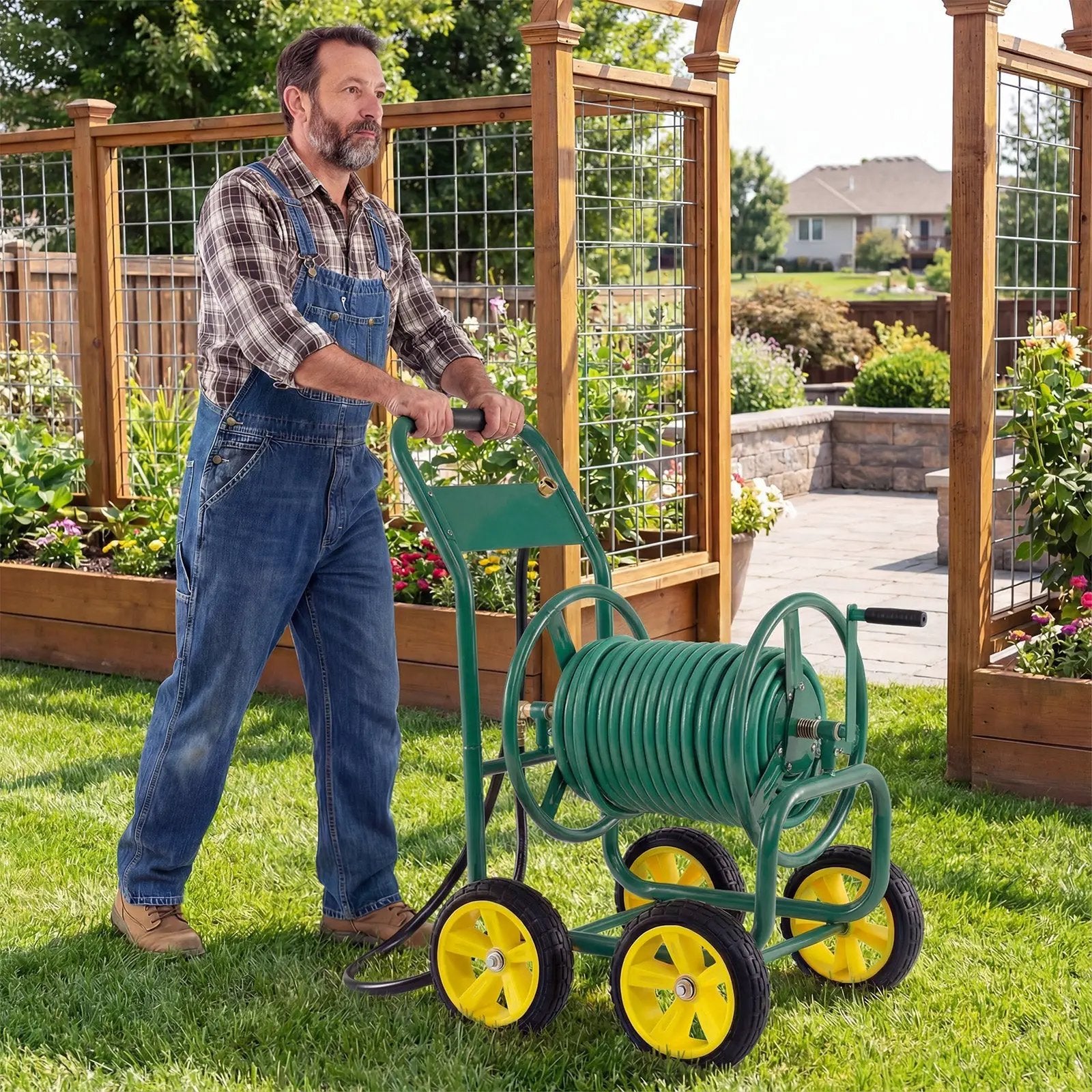 Garden Hose Reel Cart 4 Wheels Heavy-Duty Metal Water Hose Organizer Portable by DirectDeals