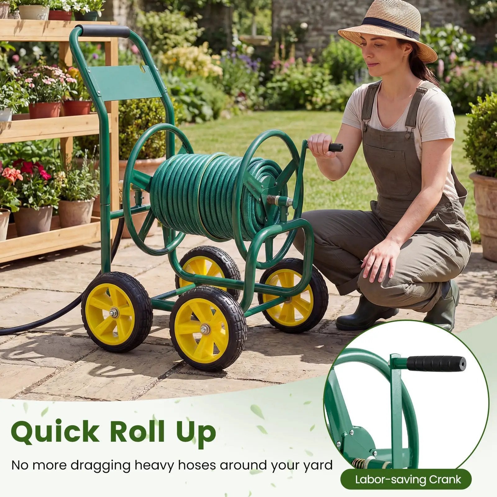 Garden Hose Reel Cart 4 Wheels Heavy-Duty Metal Water Hose Organizer Portable by DirectDeals
