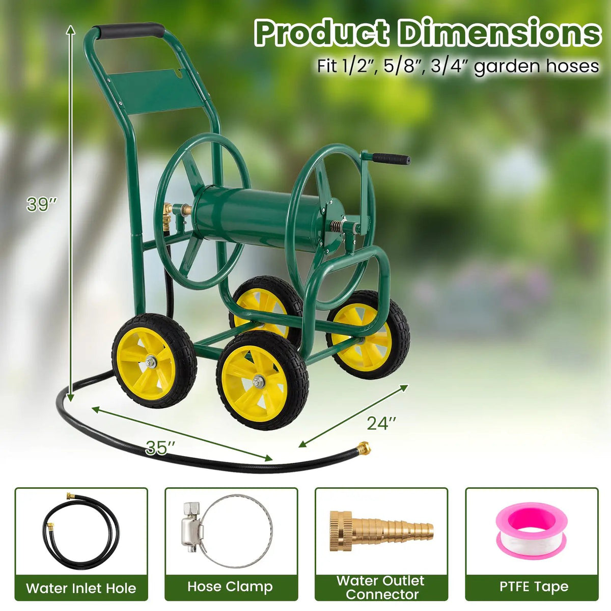 Garden Hose Reel Cart 4 Wheels Heavy-Duty Metal Water Hose Organizer Portable by DirectDeals