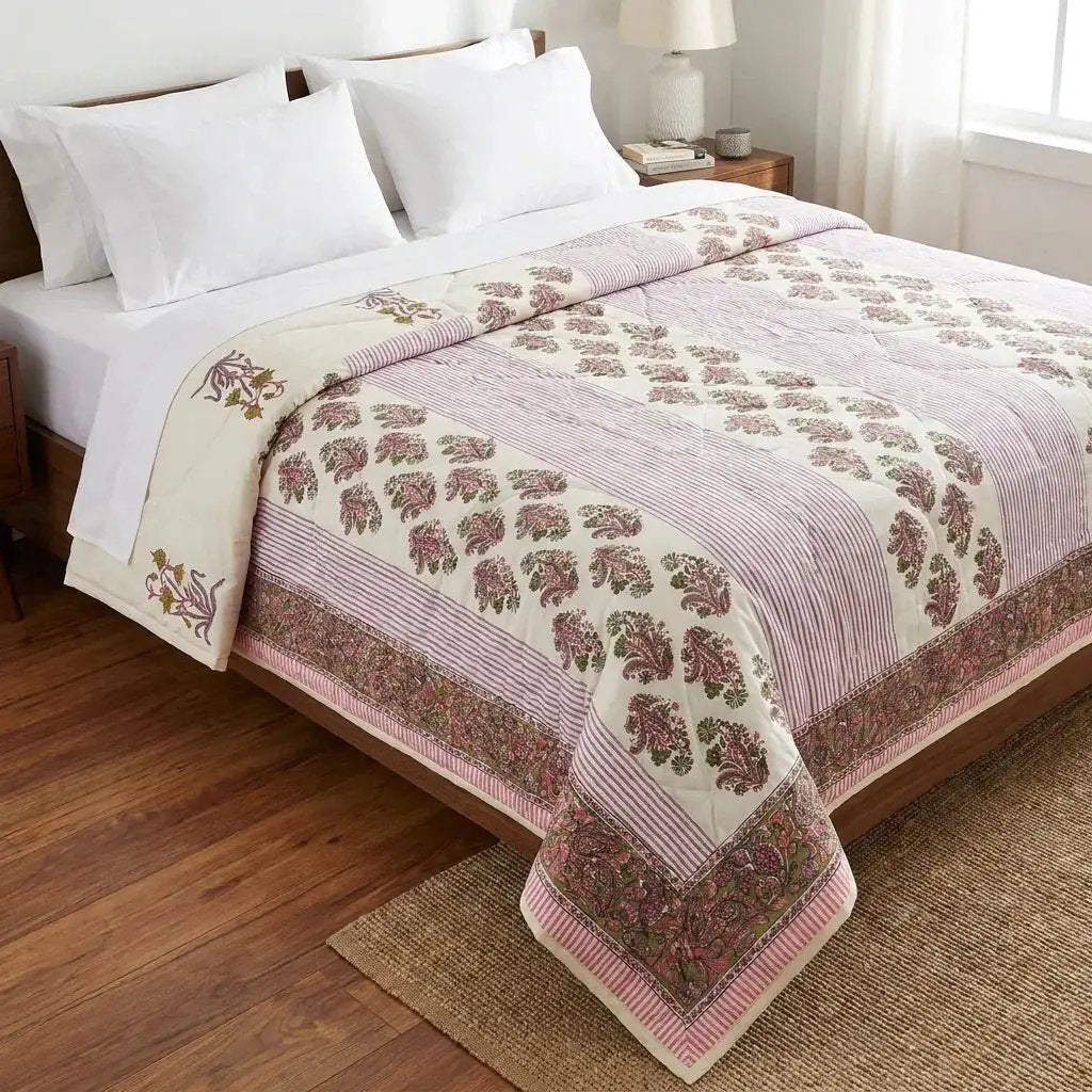 House of Avana Cream & Deep Pink Floral Jaipur Indian Hand Block Print Quilted Comforter by House Of Avana