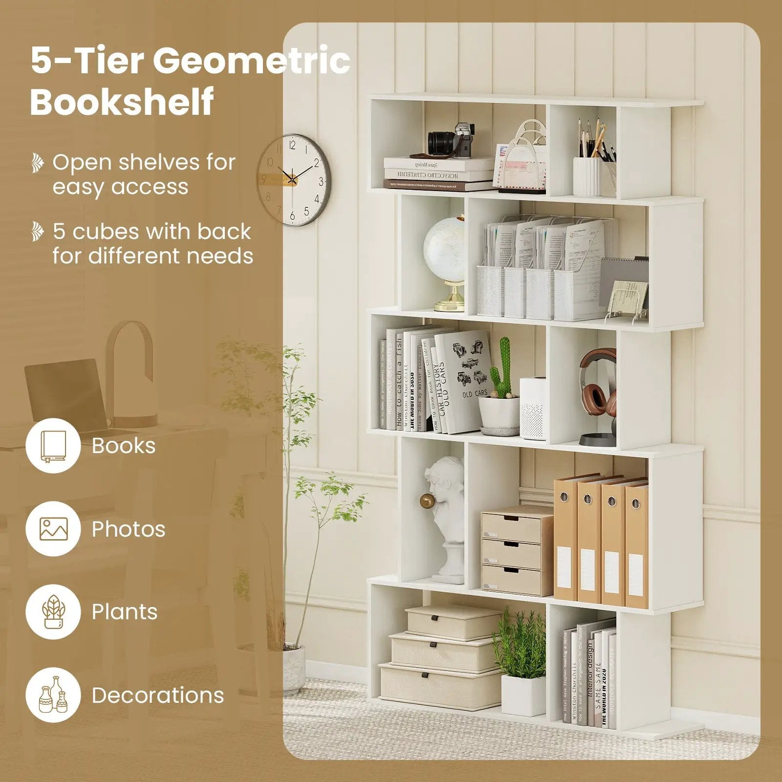 Geometric Bookshelf 5-Tier Bookcase with Open Shelves and Closed-back Cubes by DirectDeals