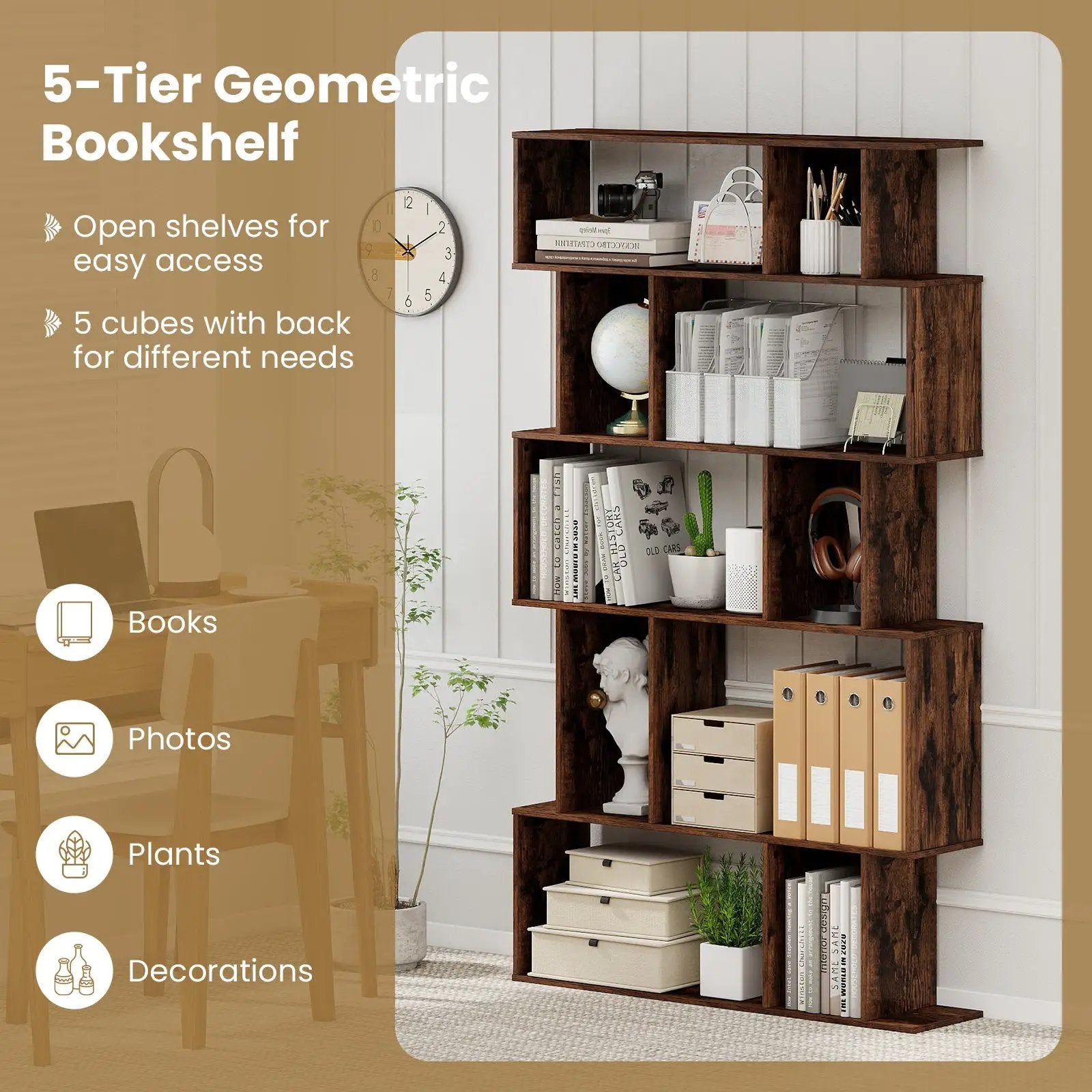 Geometric Bookshelf Set of 2 5-Tier Bookcase with Open Shelves and Closed-back Cubes by DirectDeals