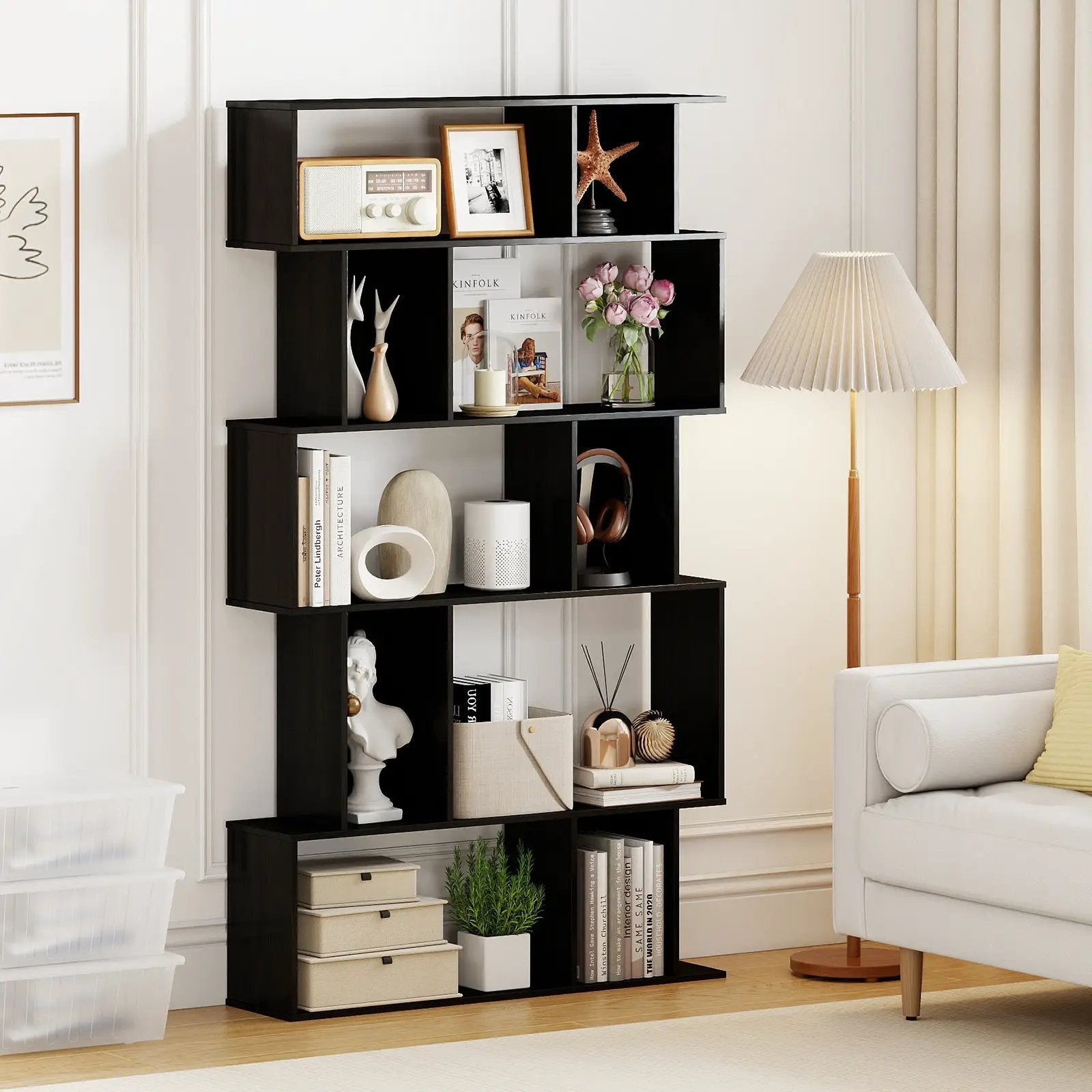 Geometric Bookshelf Set of 2 5-Tier Bookcase with Open Shelves and Closed-back Cubes by DirectDeals