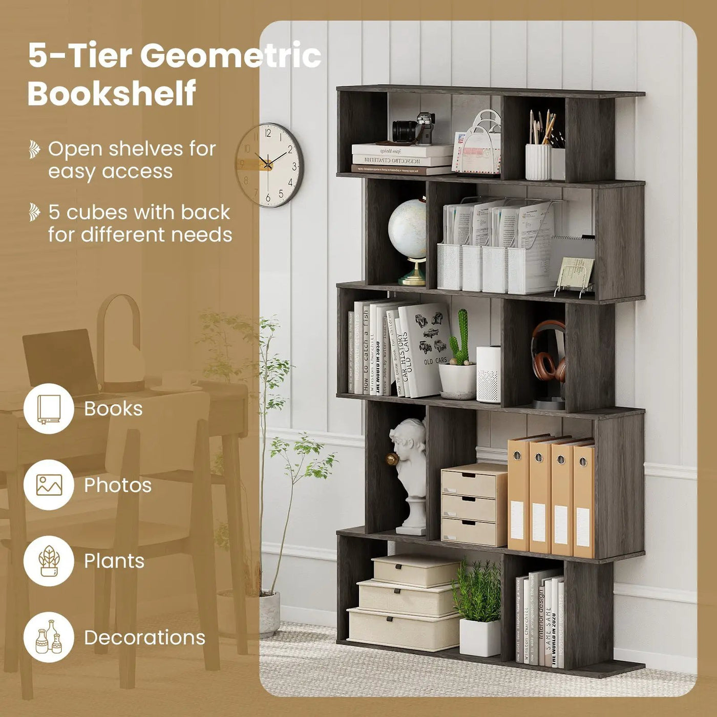 Geometric Bookshelf Set of 2 5-Tier Bookcase with Open Shelves and Closed-back Cubes by DirectDeals