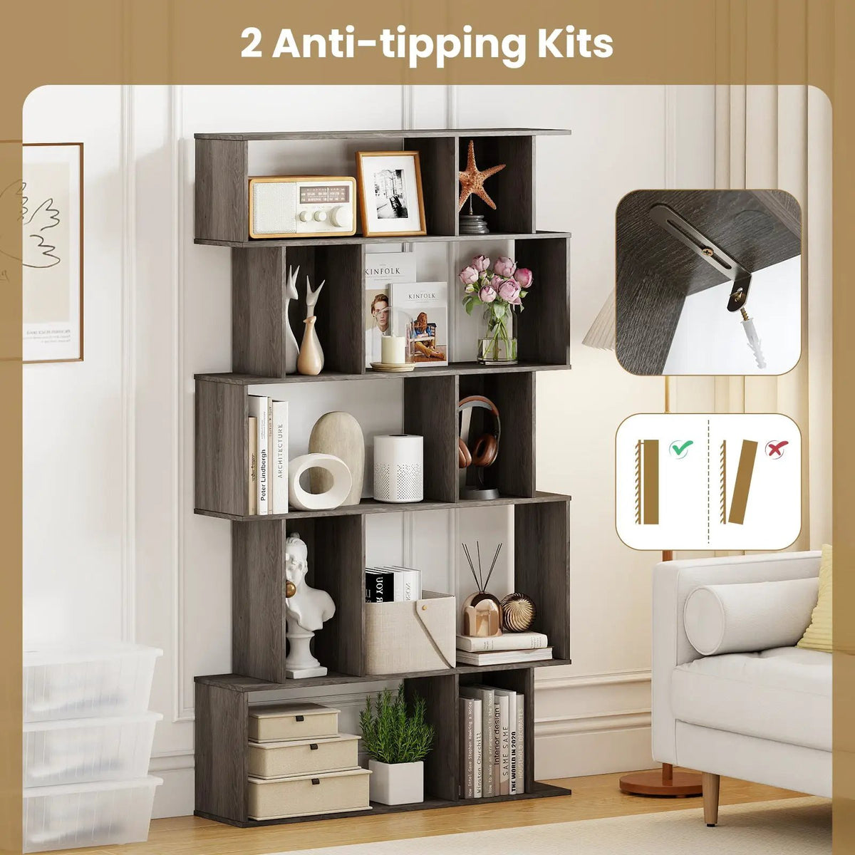 Geometric Bookshelf Set of 2 5-Tier Bookcase with Open Shelves and Closed-back Cubes by DirectDeals