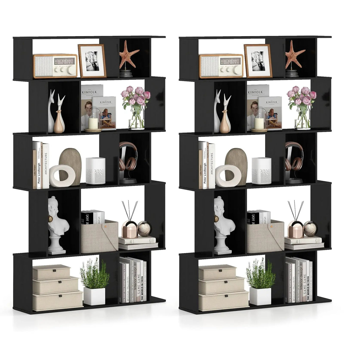 Geometric Bookshelf Set of 2 5-Tier Bookcase with Open Shelves and Closed-back Cubes by DirectDeals