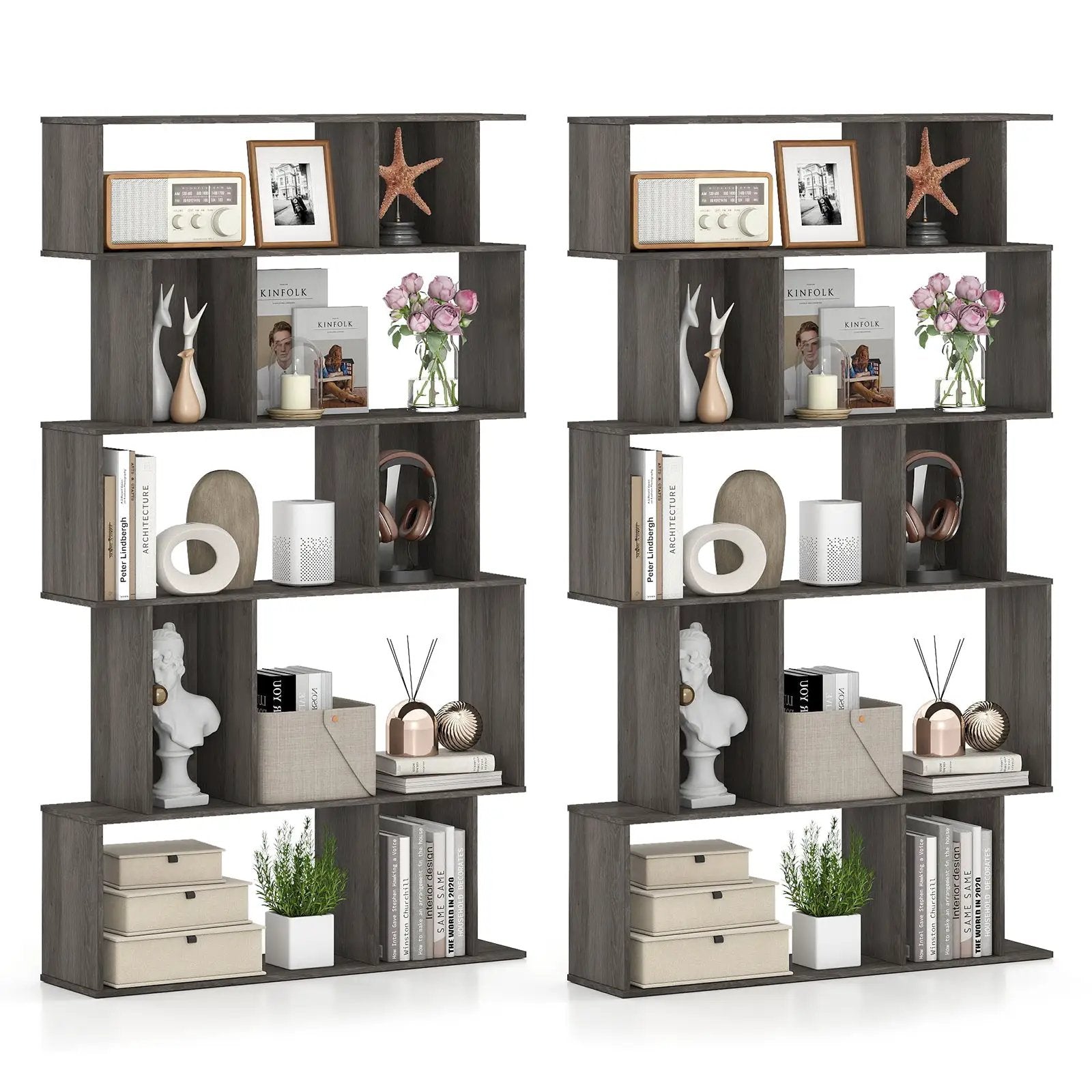 Geometric Bookshelf Set of 2 5-Tier Bookcase with Open Shelves and Closed-back Cubes by DirectDeals