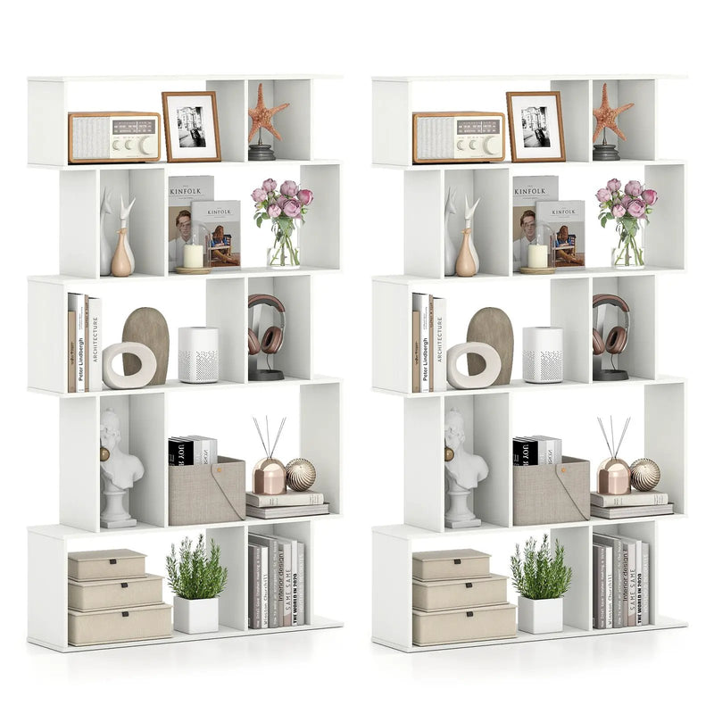 Geometric Bookshelf Set of 2 5-Tier Bookcase with Open Shelves and Closed-back Cubes by DirectDeals
