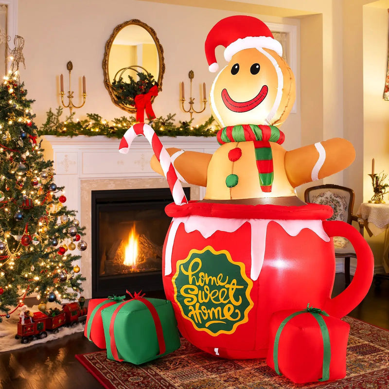 7 Feet Inflatable Gingerbread Man in Hot Cocoa Mug with Built-in LED Lights and Gift Boxes by DirectDeals