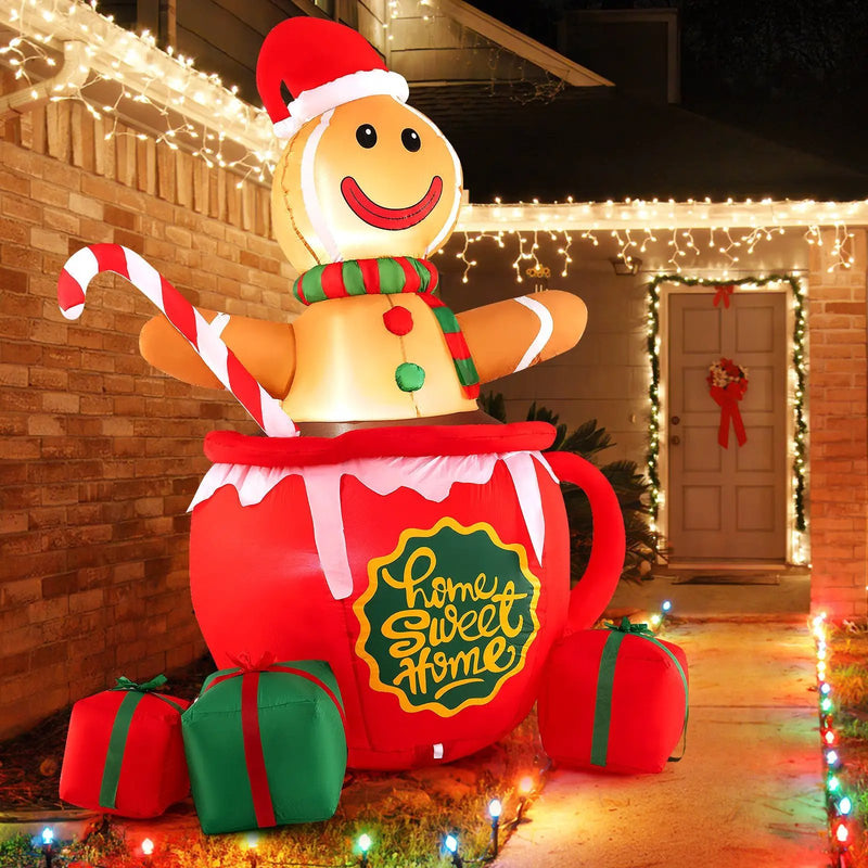 7 Feet Inflatable Gingerbread Man in Hot Cocoa Mug with Built-in LED Lights and Gift Boxes by DirectDeals