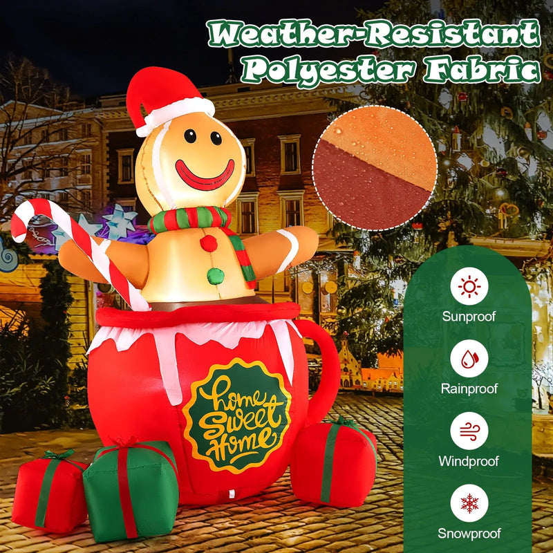 7 Feet Inflatable Gingerbread Man in Hot Cocoa Mug with Built-in LED Lights and Gift Boxes by DirectDeals