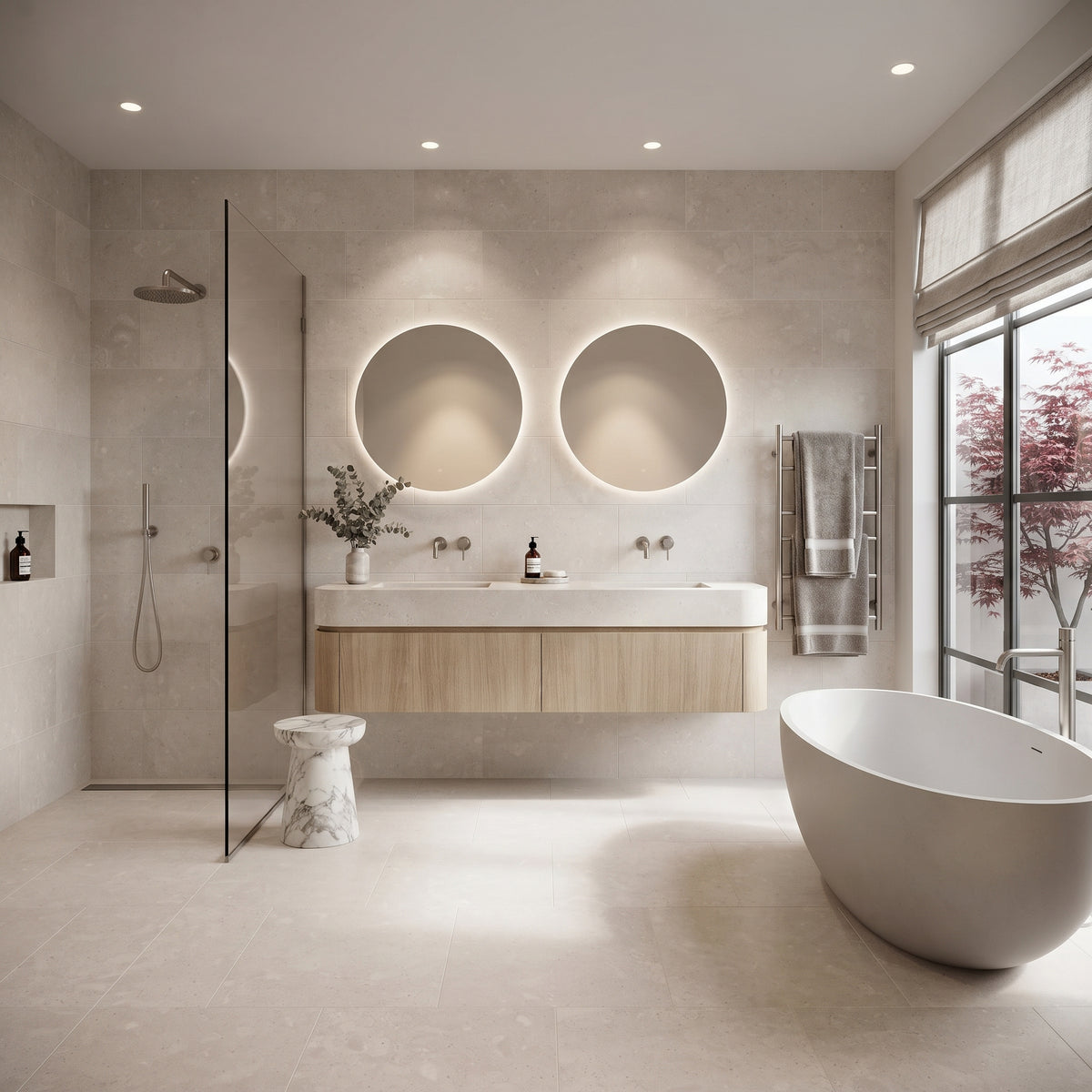 A modern bathroom interior with a freestanding oval bathtub, a floating wood vanity with a white sink, two illuminated round backsplash mirrors, a glass shower enclosure, and a stone stool. The room has light warm gray stone walls and floor, recessed ceiling lights, and a large window with a view of trees outside.