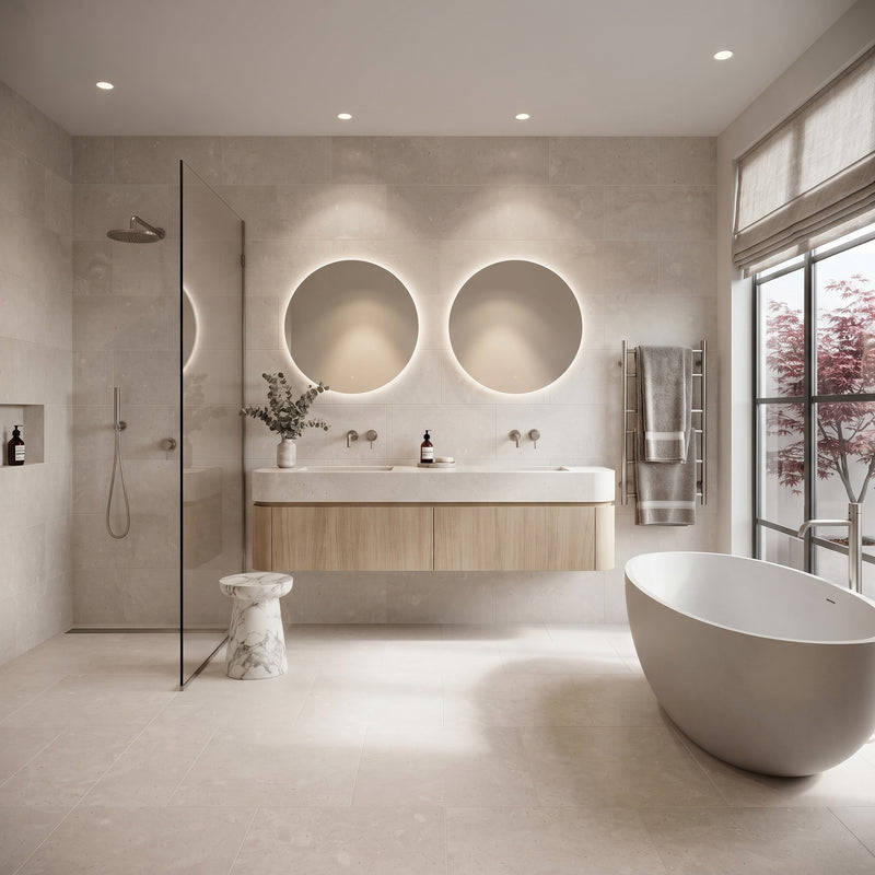 A modern bathroom interior with a freestanding oval bathtub, a floating wood vanity with a white sink, two illuminated round backsplash mirrors, a glass shower enclosure, and a stone stool. The room has light warm gray stone walls and floor, recessed ceiling lights, and a large window with a view of trees outside.