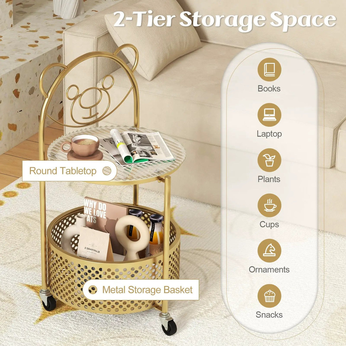 Modern Sofa Side Table on Lockable Wheels for Living Room Bedroom Study by DirectDeals