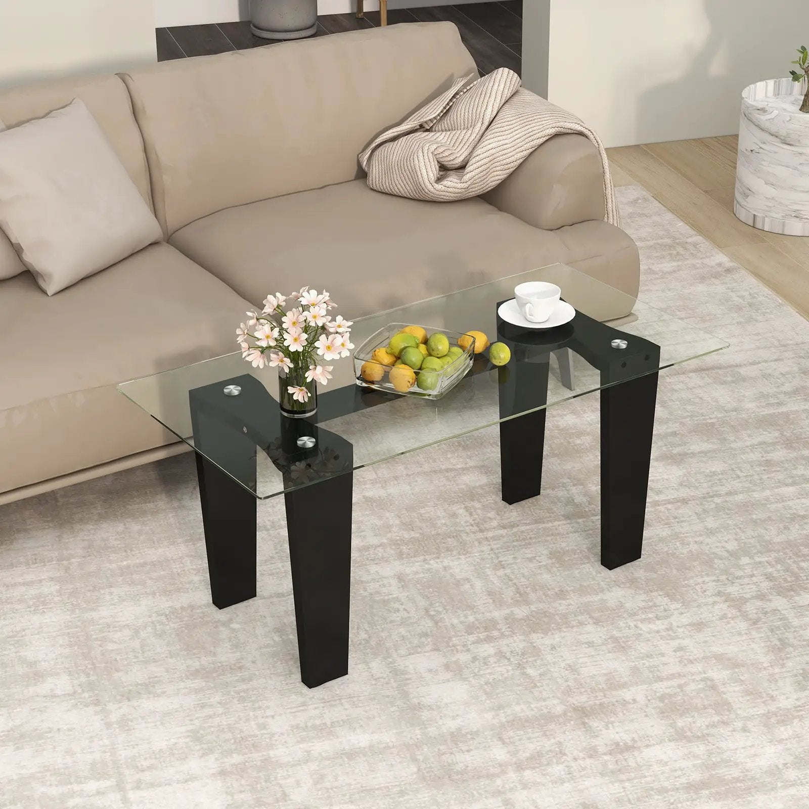 39.5 Inch Glass Coffee Table Modern Rectangular Center Table with Solid Rubber Wood Legs-Black by DirectDeals