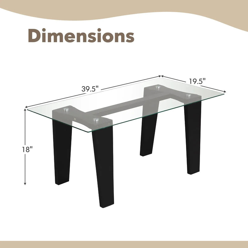 39.5 Inch Glass Coffee Table Modern Rectangular Center Table with Solid Rubber Wood Legs-Black by DirectDeals