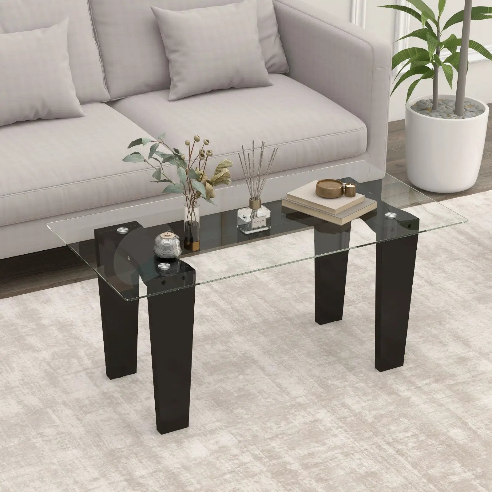 39.5 Inch Glass Coffee Table Modern Rectangular Center Table with Solid Rubber Wood Legs-Black by DirectDeals