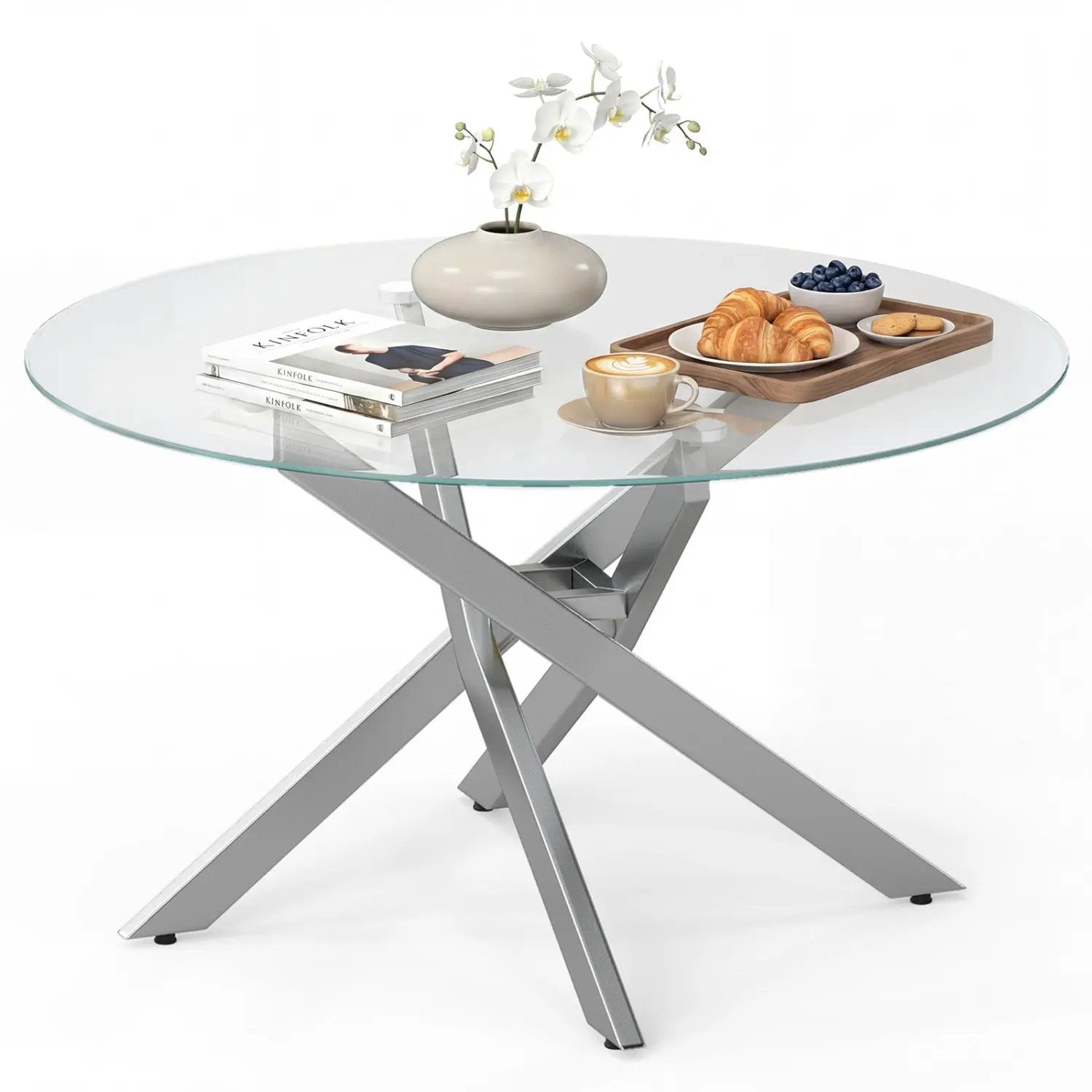 Glass Coffee Table Round Clear Center Table with Tempered Glass Top by DirectDeals