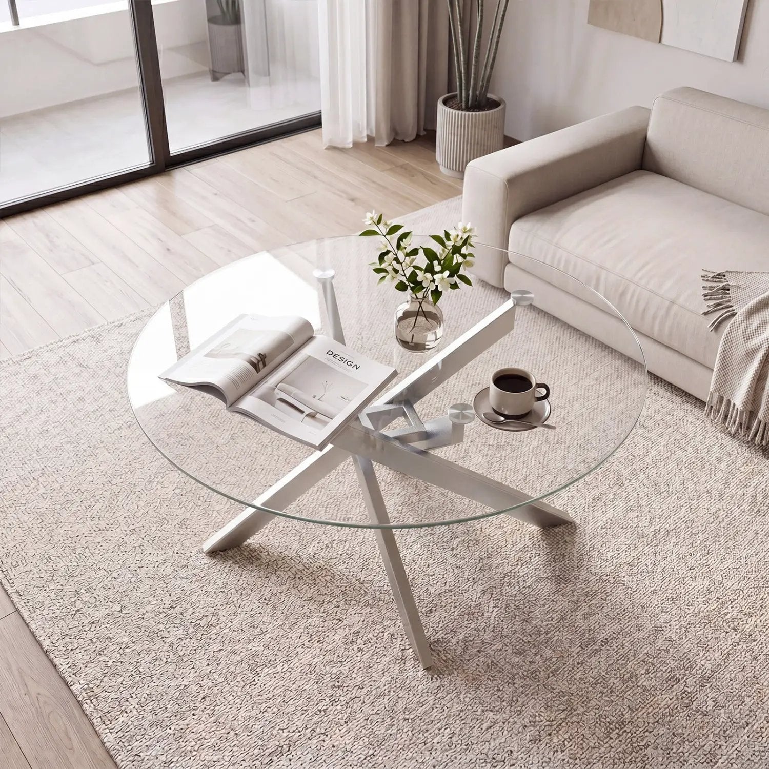 Glass Coffee Table Round Clear Center Table with Tempered Glass Top by DirectDeals