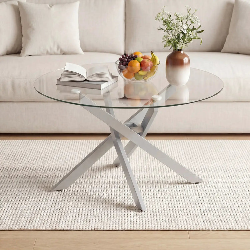 Glass Coffee Table Round Clear Center Table with Tempered Glass Top by DirectDeals
