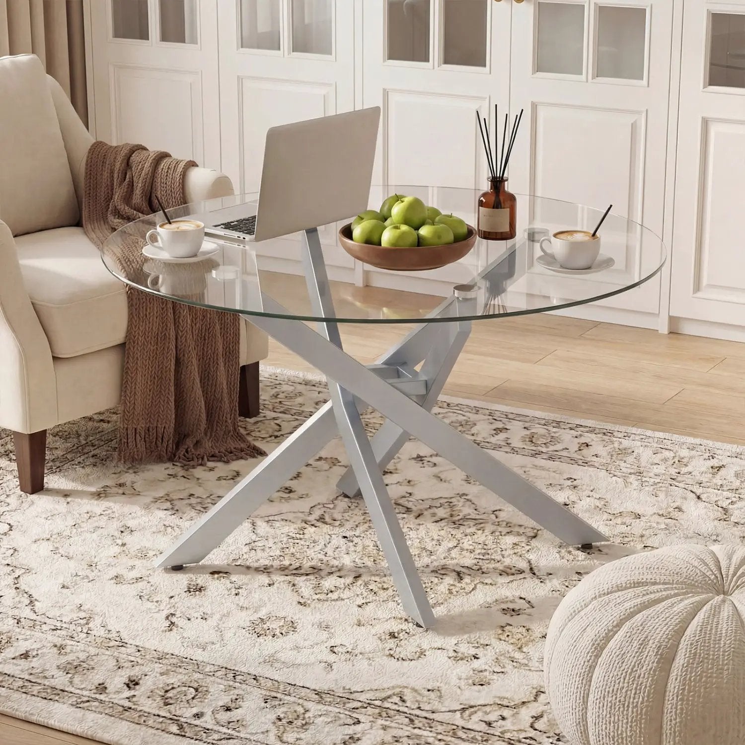 Glass Coffee Table Round Clear Center Table with Tempered Glass Top by DirectDeals