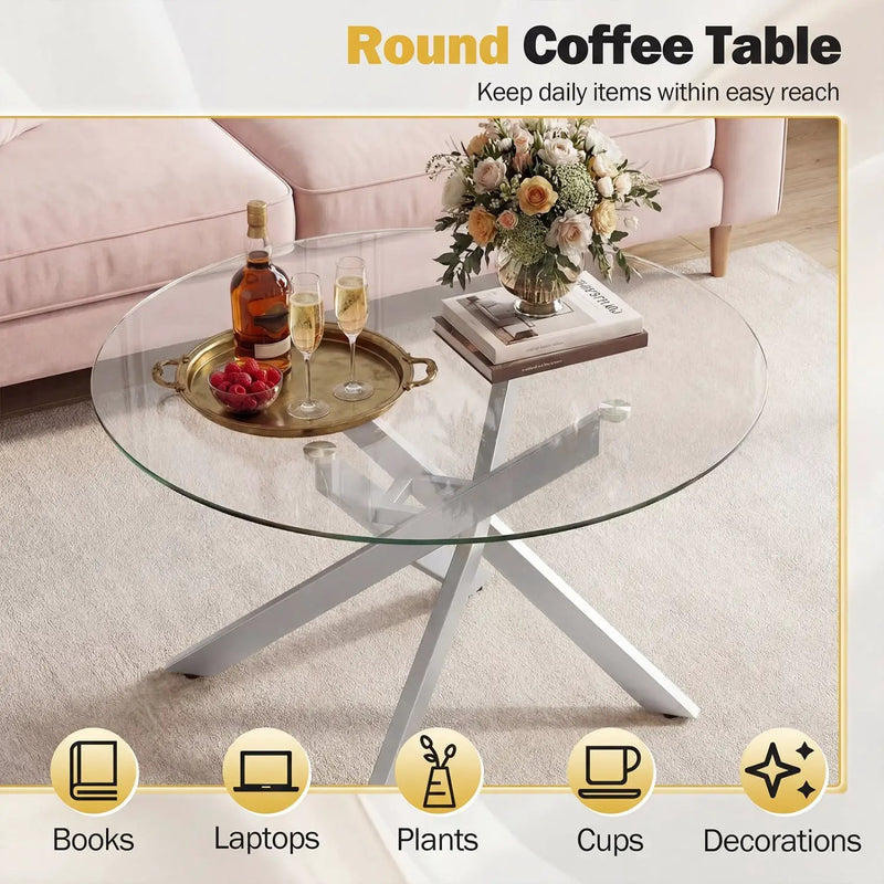 Glass Coffee Table Round Clear Center Table with Tempered Glass Top by DirectDeals