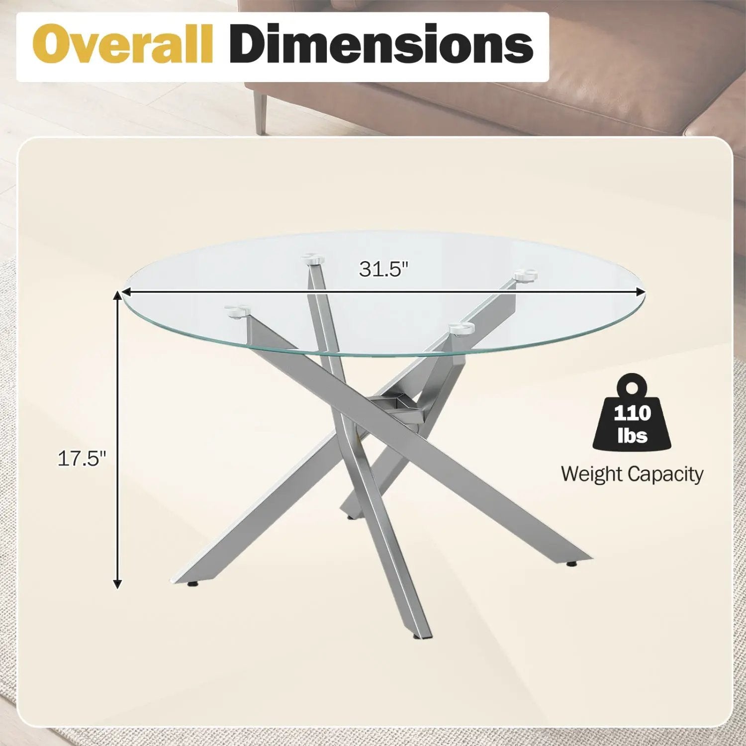 Glass Coffee Table Round Clear Center Table with Tempered Glass Top by DirectDeals