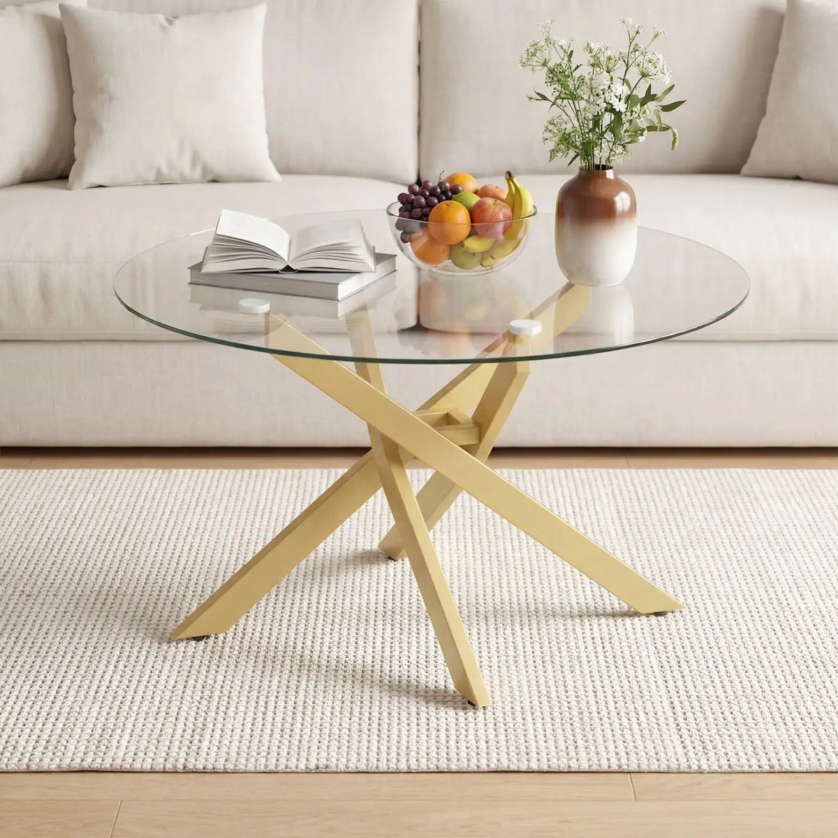 Glass Coffee Table Round Clear Center Table with Tempered Glass Top by DirectDeals