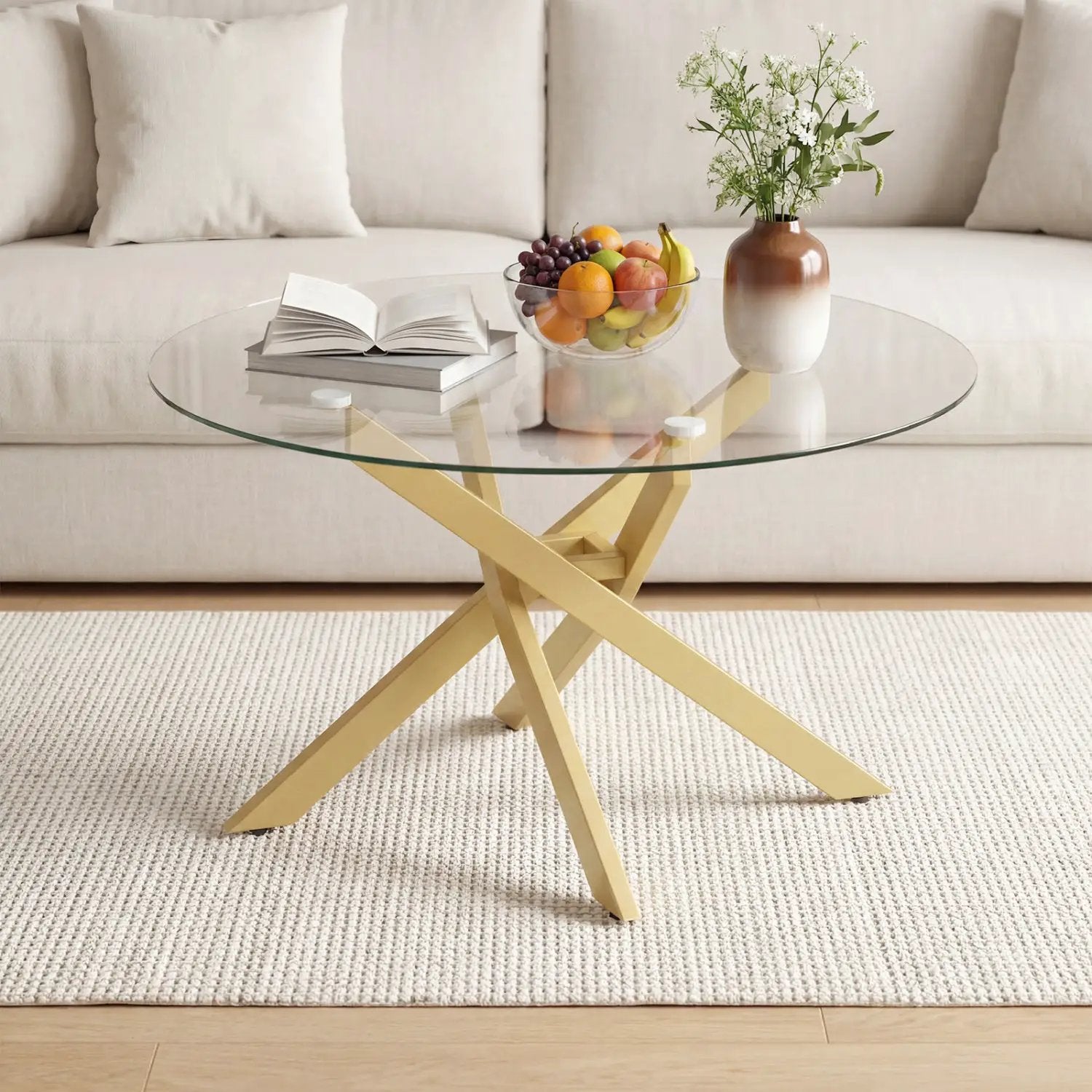 Glass Coffee Table Round Clear Center Table with Tempered Glass Top by DirectDeals