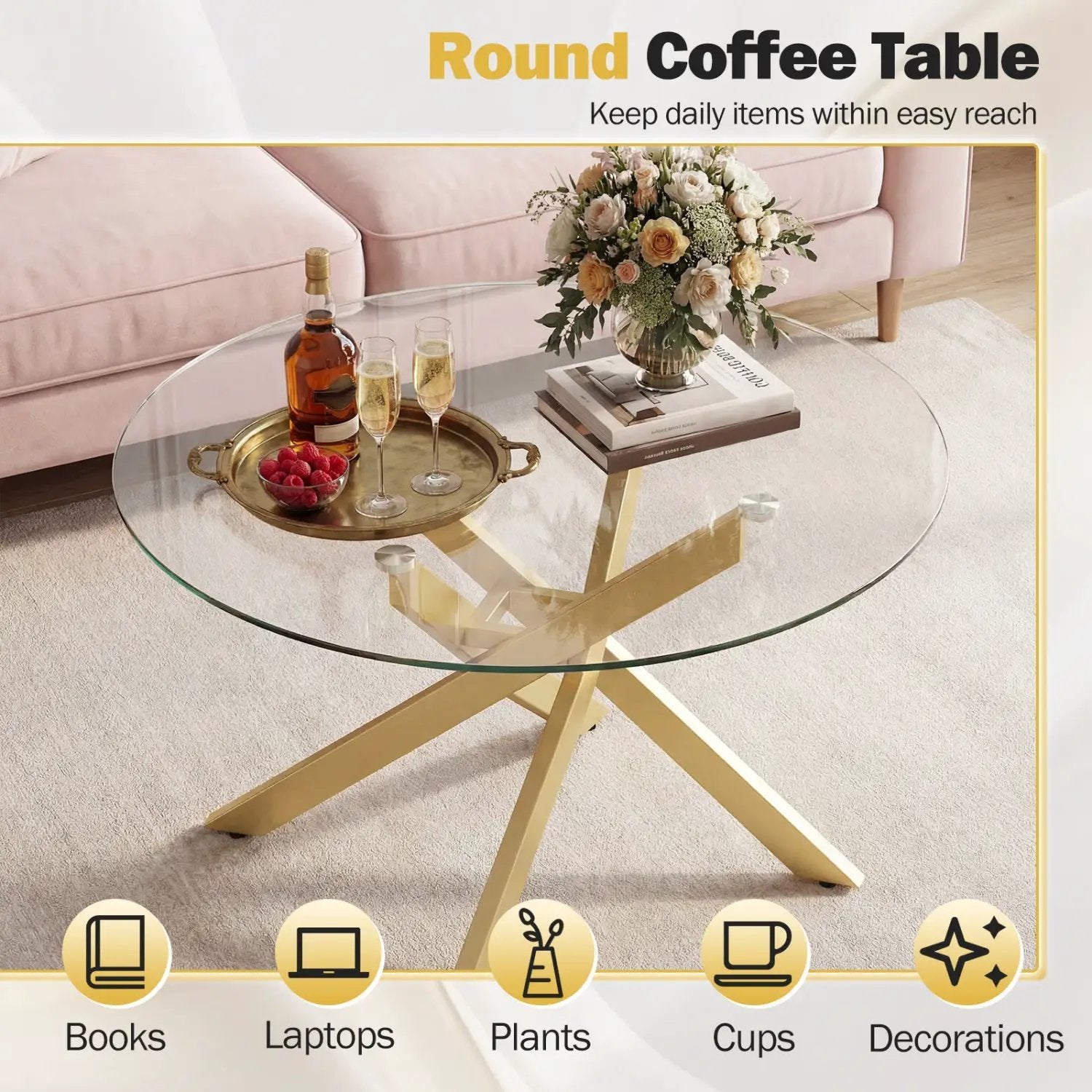 Glass Coffee Table Round Clear Center Table with Tempered Glass Top by DirectDeals