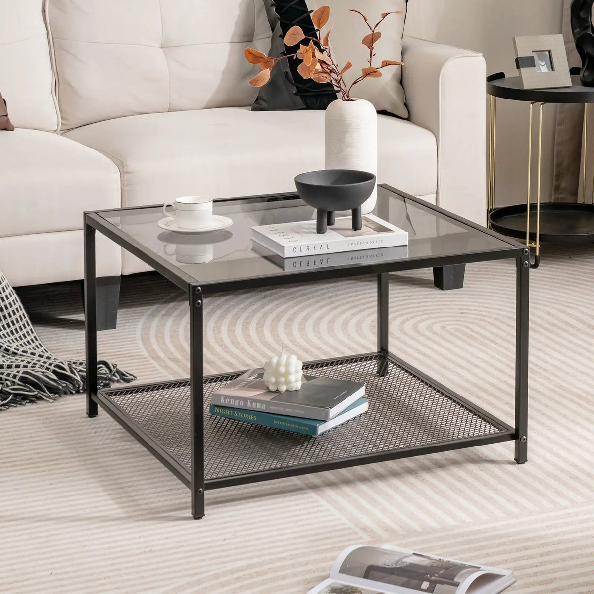 Modern 2-Tier Square Glass Coffee Table with Mesh Shelf by DirectDeals