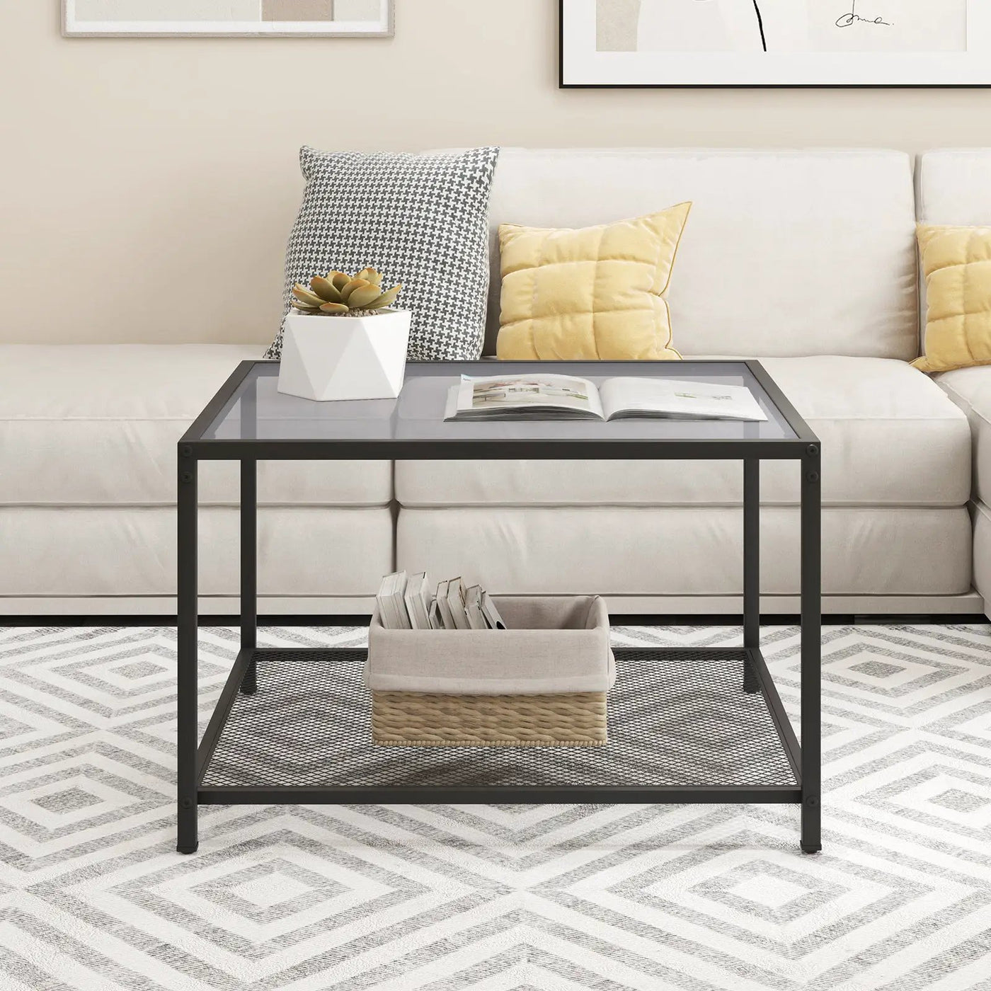 Modern 2-Tier Square Glass Coffee Table with Mesh Shelf by DirectDeals