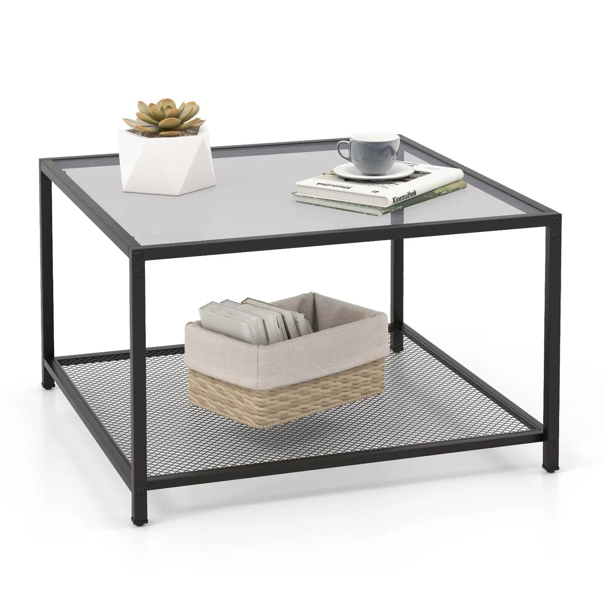 Modern 2-Tier Square Glass Coffee Table with Mesh Shelf by DirectDeals