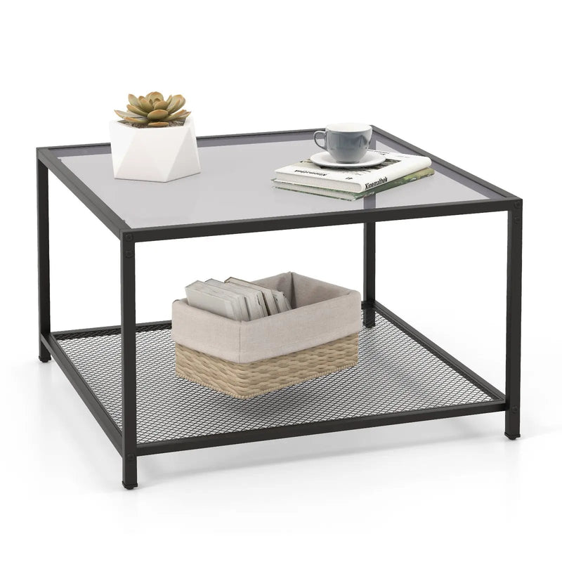 Modern 2-Tier Square Glass Coffee Table with Mesh Shelf by DirectDeals