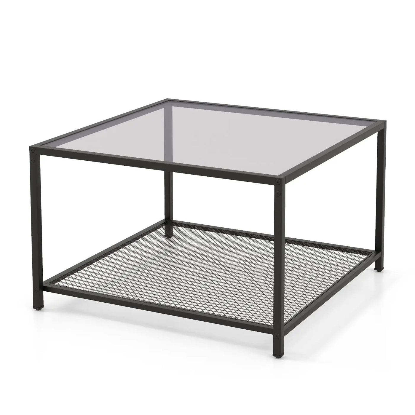 Modern 2-Tier Square Glass Coffee Table with Mesh Shelf by DirectDeals