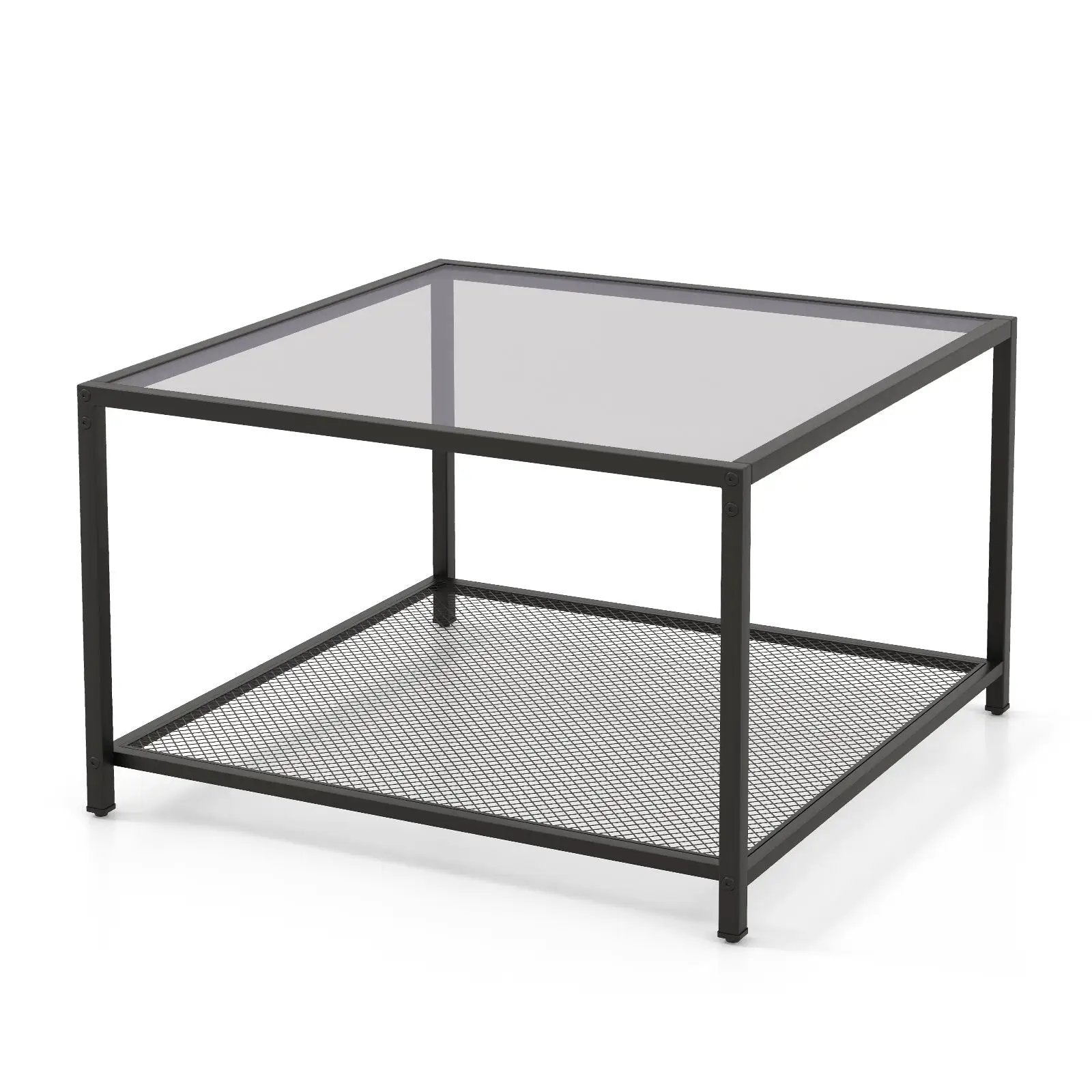 Modern 2-Tier Square Glass Coffee Table with Mesh Shelf by DirectDeals