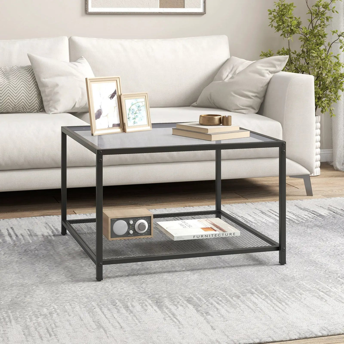 Modern 2-Tier Square Glass Coffee Table with Mesh Shelf by DirectDeals
