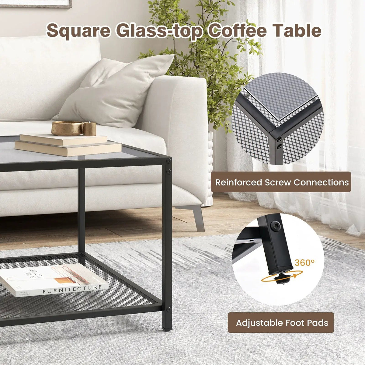Modern 2-Tier Square Glass Coffee Table with Mesh Shelf by DirectDeals