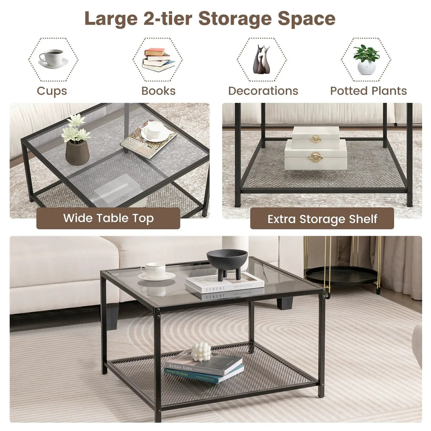 Modern 2-Tier Square Glass Coffee Table with Mesh Shelf by DirectDeals