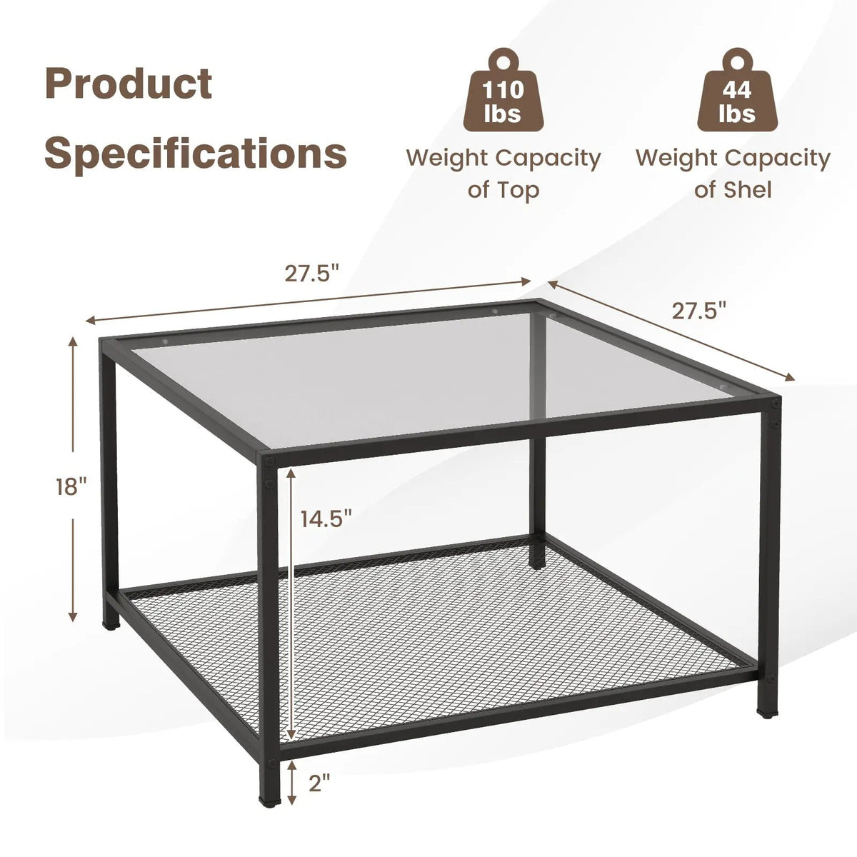 Modern 2-Tier Square Glass Coffee Table with Mesh Shelf by DirectDeals