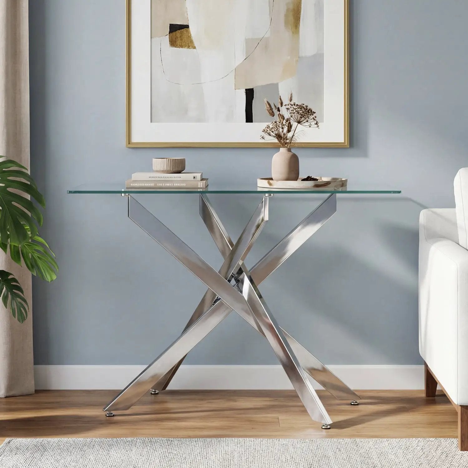 Glass Console Table Modern Entryway Table with Clear Tempered Glass Top-Silver by DirectDeals