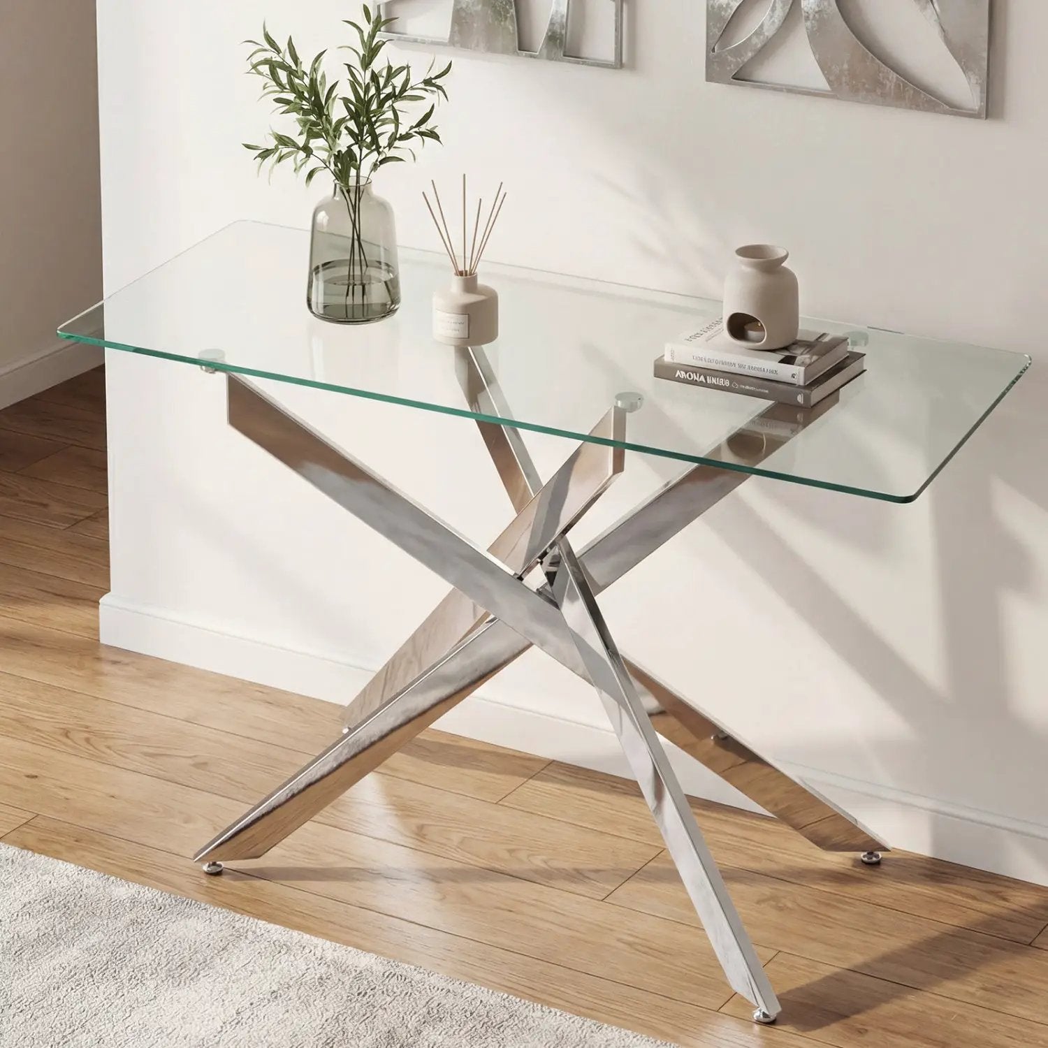Glass Console Table Modern Entryway Table with Clear Tempered Glass Top-Silver by DirectDeals