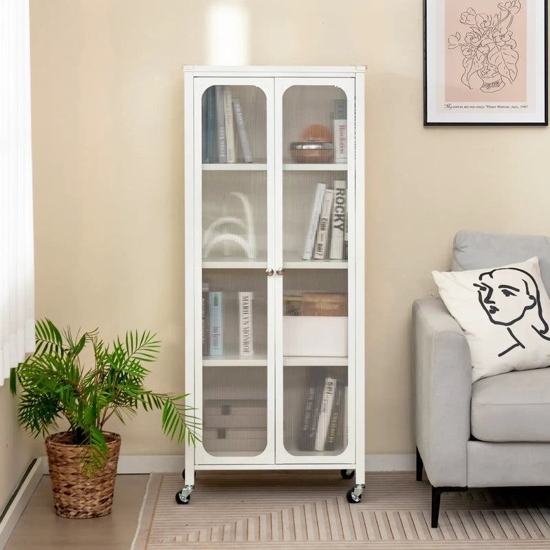 Glass Doors Storage Cabinet with Wheels and Adjustable Shelves-White by DirectDeals