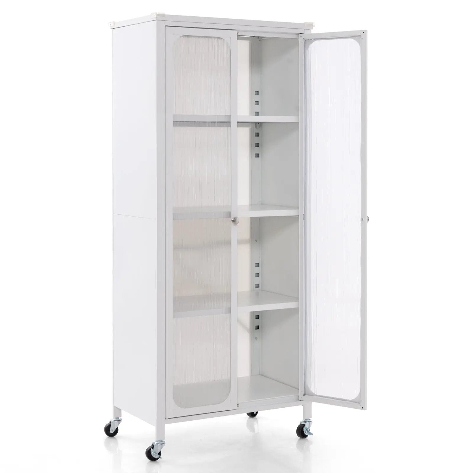 Glass Doors Storage Cabinet with Wheels and Adjustable Shelves-White by DirectDeals